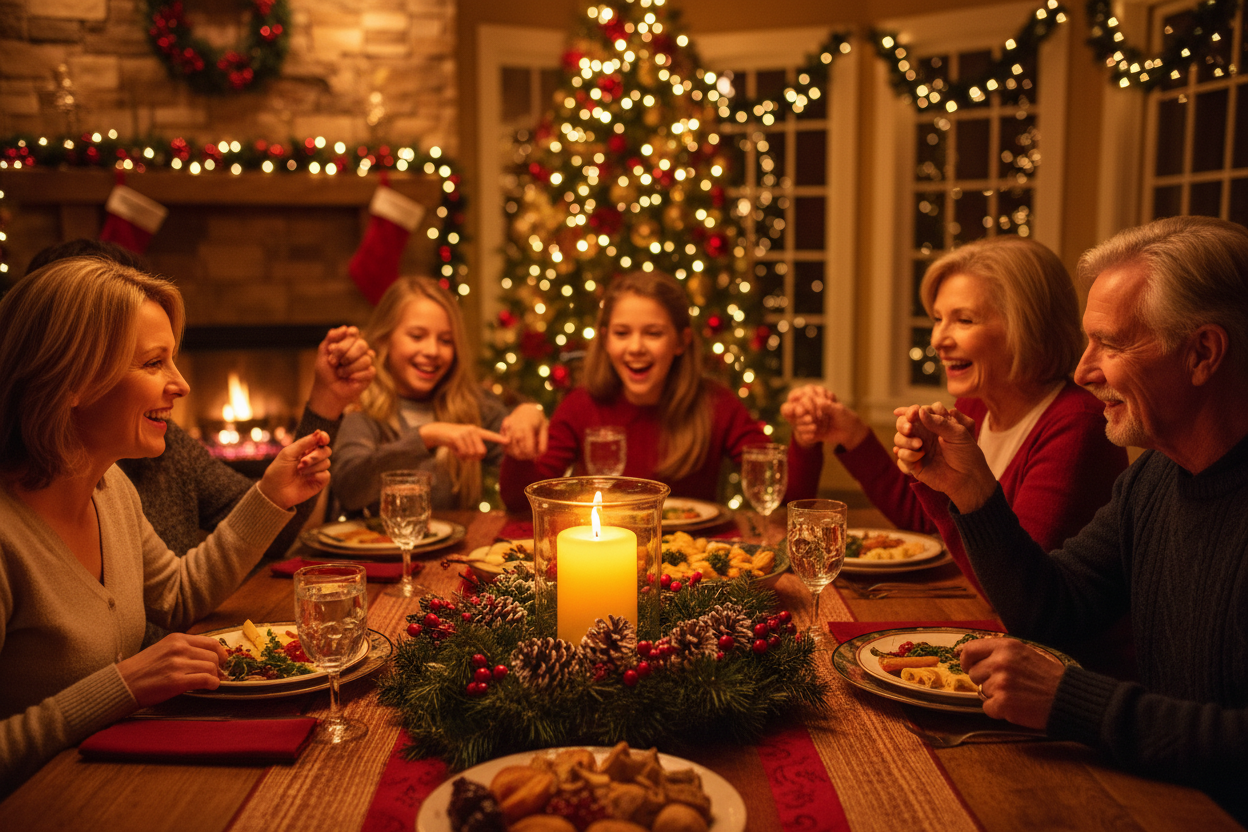 a family sharing a magic moment together at Christmas with a candle in center 