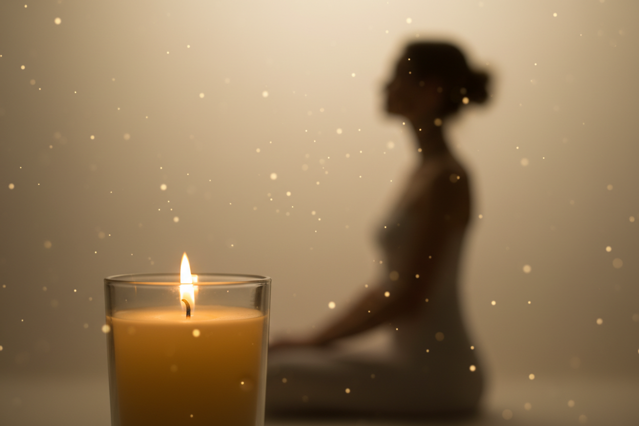 A poetic, cinematic scene representing the essence of a self-care ritual. A single candle in a transparent glass container (no label) glows warmly in the foreground, its flame soft and symbolic. Behind it, gently blurred, appears the elegant silhouette of a white-skinned woman taking a peaceful moment for herself — no face visible, just a calm feminine outline. Soft particles float in the air like tiny sparks of bliss. Warm beige, cream and gold tones fill the frame, creating a feeling of therapy, presence,