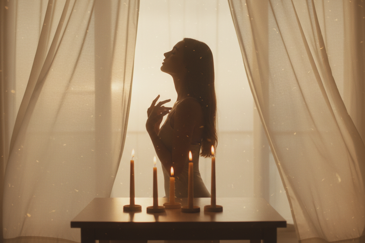 A poetic, cinematic scene showing only the silhouette of a white-skinned woman in soft, warm light. No face, no facial details — just a gentle, feminine outline. She stands or sits near a window with sheer curtains, pausing in a moment of deep breath and inner stillness. In front of her, on a minimal wooden table, several elegant unfinished candles glow faintly. The atmosphere feels like a long-awaited pause — warm, airy, healing. Light palette: beige, cream, soft gold. Mood: rebirth, slow living, emotional
