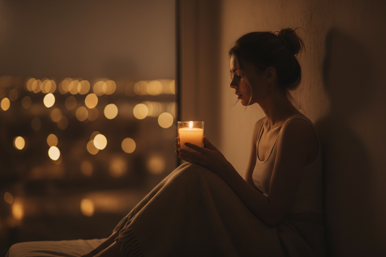 A soft, cinematic scene showing the elegant silhouette of a white-skinned woman enjoying a quiet, intimate moment by candlelight. Her face is not visible — only a graceful outline illuminated by the warm glow of a single candle placed in a simple, transparent glass container with no label. The room is dim, bathed in warm amber tones, evoking calm, self-connection, and emotional meaning. Soft bokeh lights in the background, gentle shadows, feminine energy, slow-living atmosphere. Style: poetic minimalism, sh