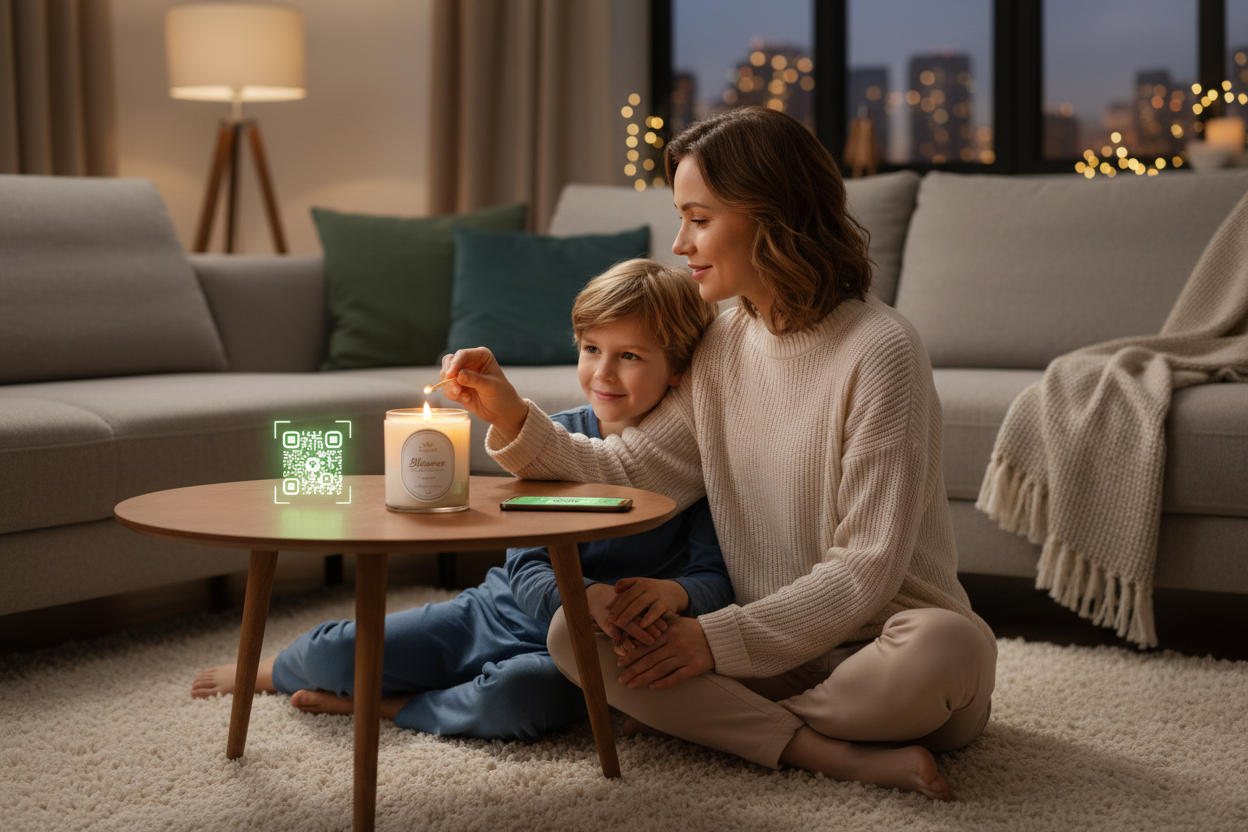 A warm, cozy evening scene in a modern living room. A white-skinned mother and her white-skinned young son (6–10 years) sit together on a soft rug near a small table. They gently light the Blissence candle, which glows with a soft, golden, calming light. Next to the candle, a smartphone shows a QR code being scanned. The two look at each other with affection, smiling and talking while holding. The atmosphere is peaceful, full of connection, understanding 
