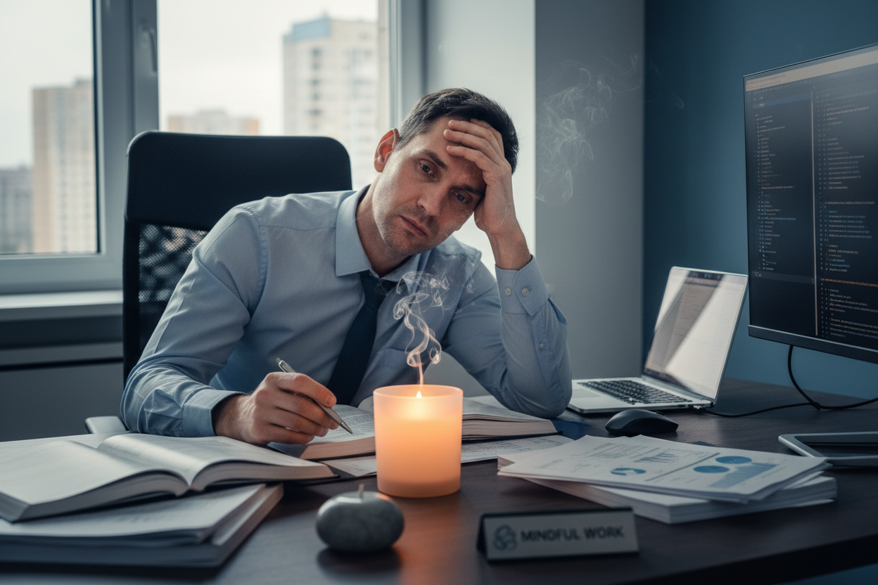 an exausted male at buro with a candle for focus and mental health