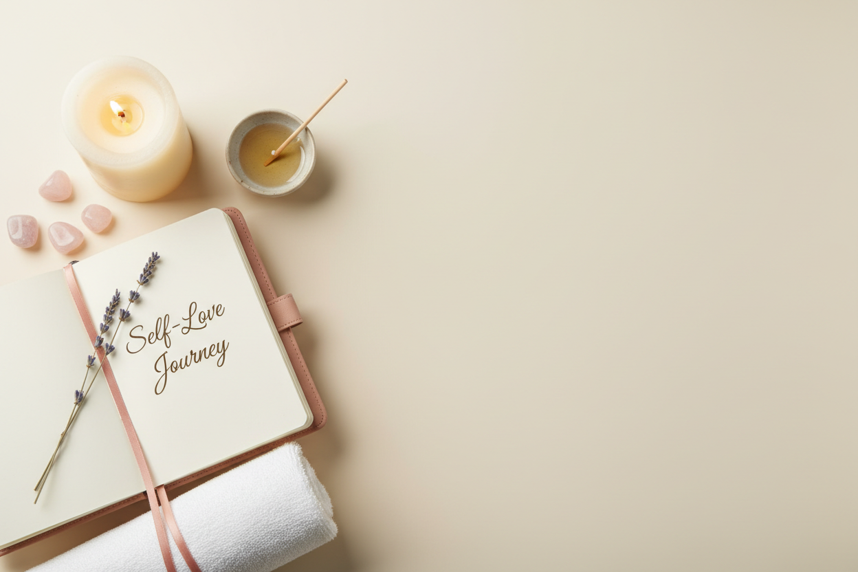 background cream and one corner with candle and self love